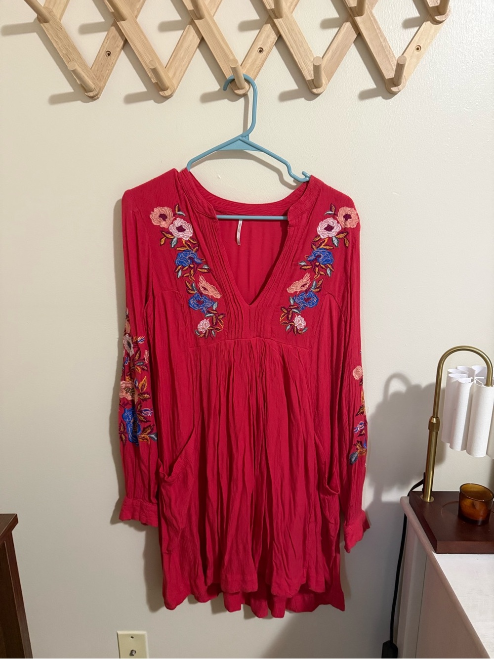 Free People Fuchsia Embroidered V-Neck Long Sleeve Dress